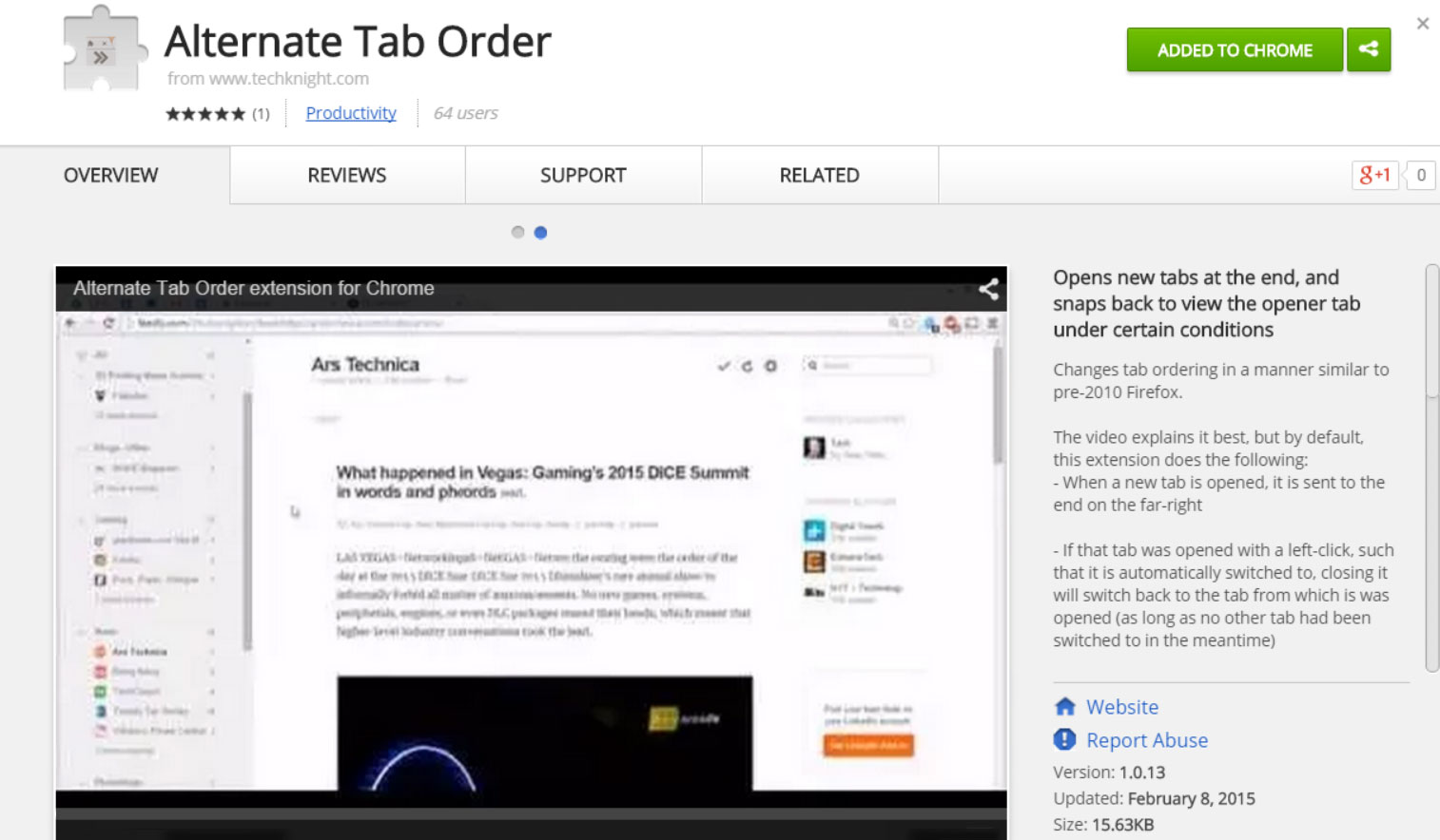 Screenshot of Alternate Tab Order on the Chrome Web Store